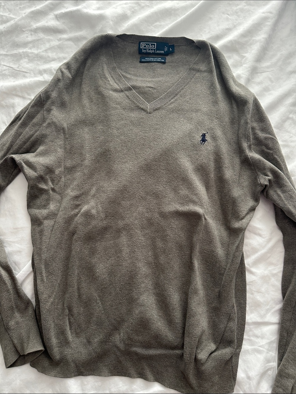 Polo by Ralph Lauren Men's V-Neck Sweater - Olive Gray with Navy Logo